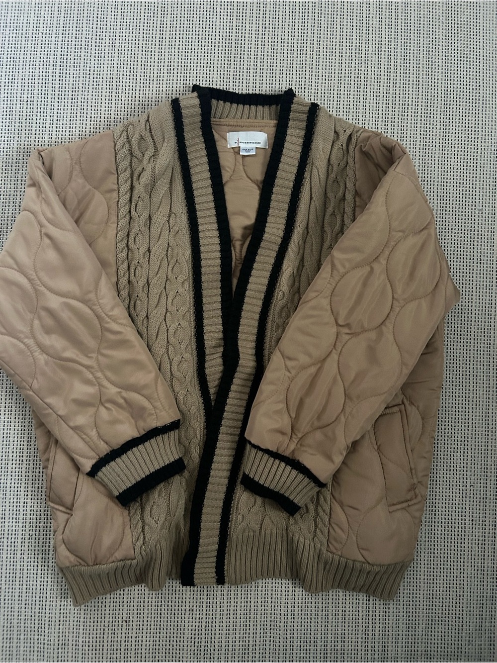 Anthropologie Quilted Cable-Knit Bomber Jacket in Taupe with Black Trim